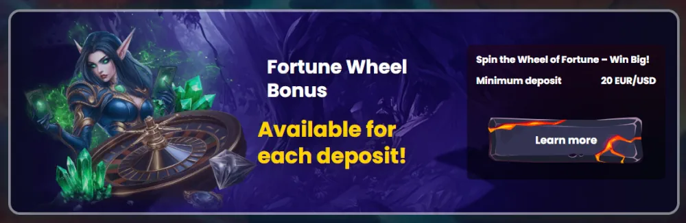Banner de bonificación de la rueda de fortuna SlotsGem disponible para cada depósito